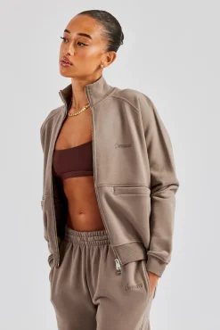 Women CLO-TOP-HS-SWE Funnel Neck Zip Through Sweat - Taupe