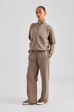 Women CLO-TOP-HS-SWE Funnel Neck Zip Through Sweat - Taupe