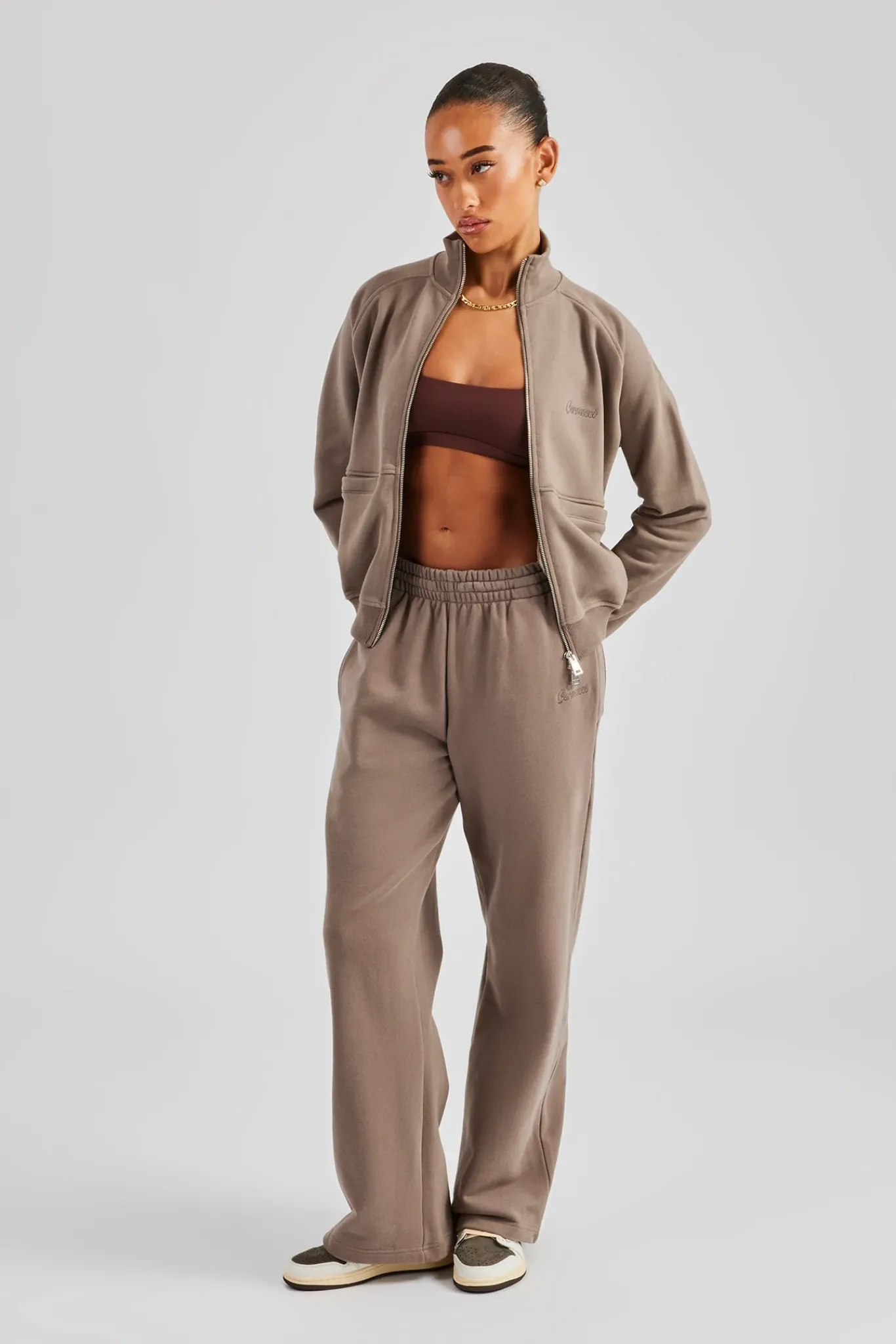 Women CLO-SET Funnel Neck Zip Through Tracksuit - Taupe