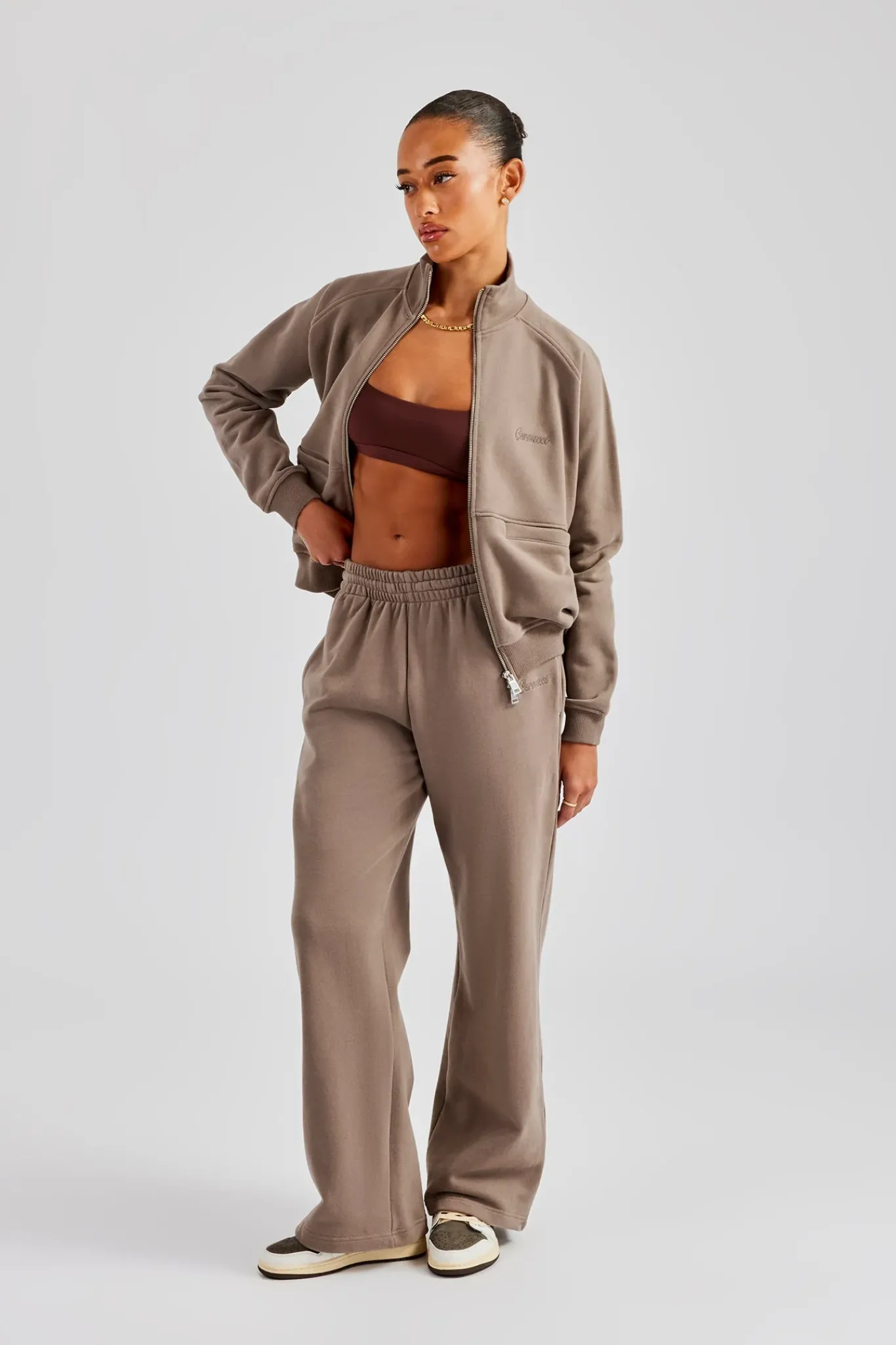 Women CLO-SET Funnel Neck Zip Through Tracksuit - Taupe
