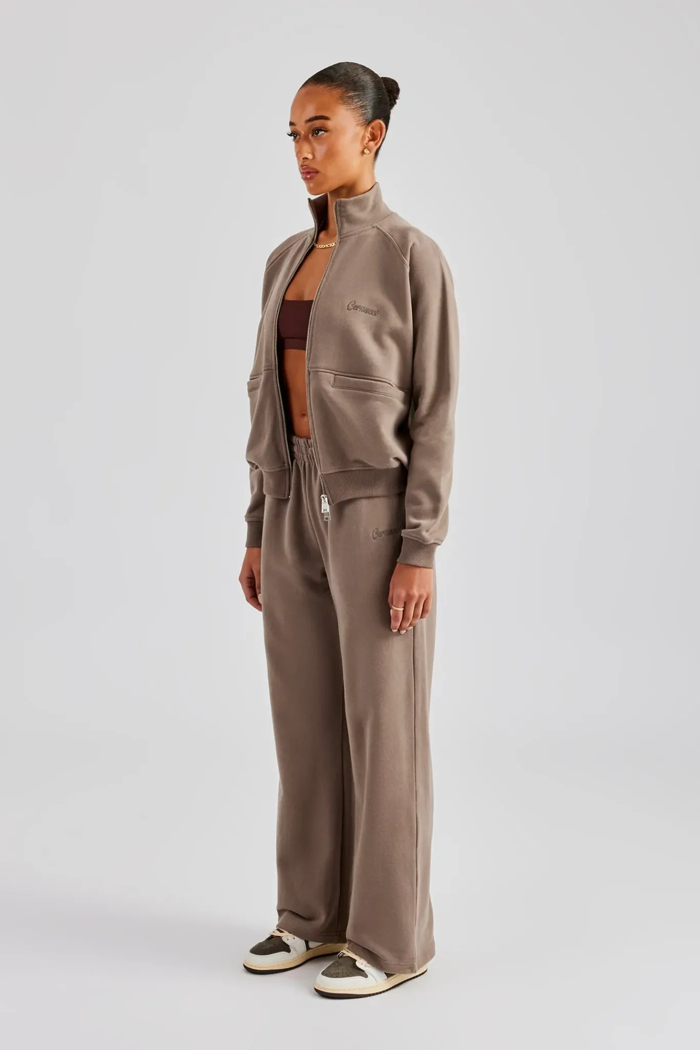 Women CLO-SET Funnel Neck Zip Through Tracksuit - Taupe