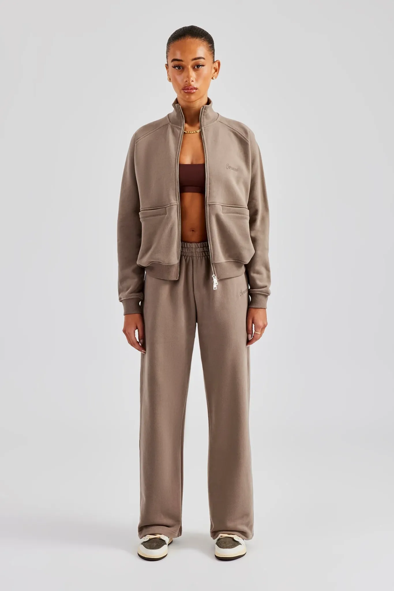 Women CLO-SET Funnel Neck Zip Through Tracksuit - Taupe