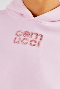 Women CLO-TOP-HS-HOOD Glitter Applique Boxy Hoodie - Pink
