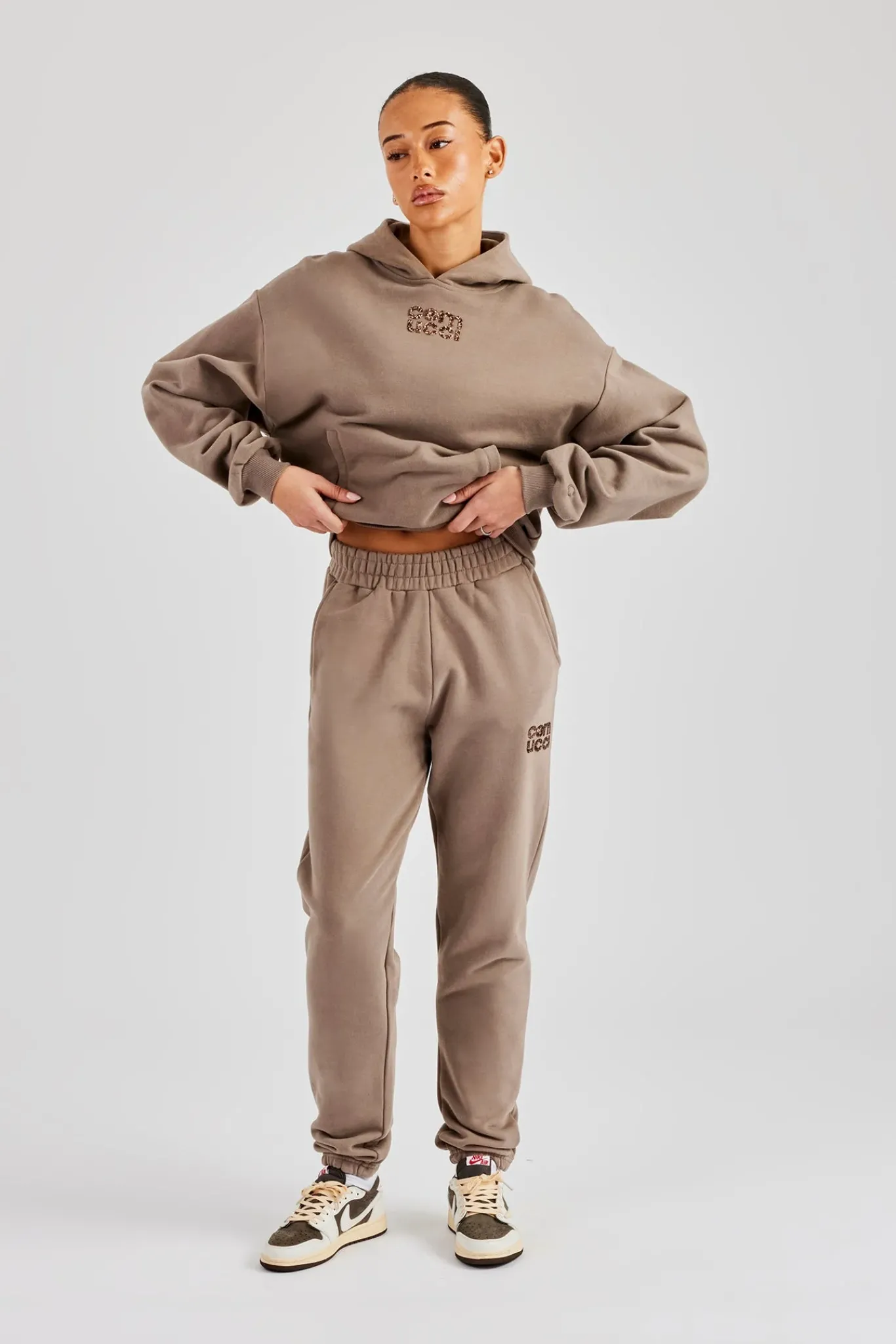 Women CLO-SET Glitter Applique Boxy Hoodie & Cuffed Jogger - Taupe