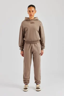 Women CLO-SET Glitter Applique Boxy Hoodie & Cuffed Jogger - Taupe