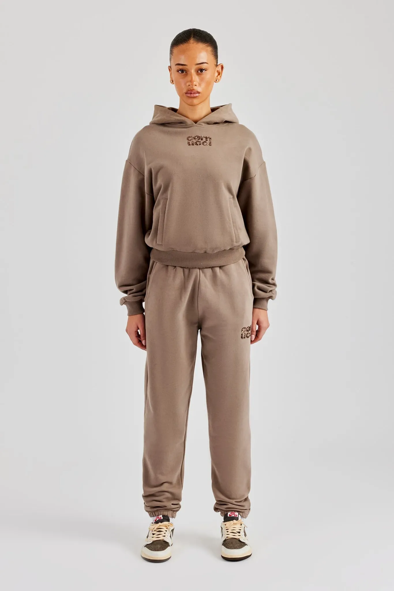 Women CLO-SET Glitter Applique Boxy Hoodie & Cuffed Jogger - Taupe