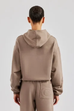 Women CLO-TOP-HS-HOOD Glitter Applique Boxy Hoodie - Taupe