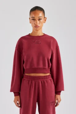 Women CLO-TOP-HS-SWE Glitter Applique Cropped Sweatshirt - Cherry Red