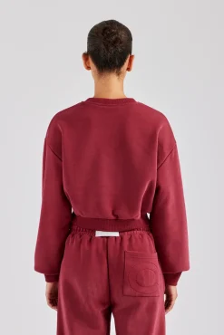 Women CLO-TOP-HS-SWE Glitter Applique Cropped Sweatshirt - Cherry Red