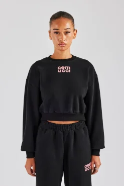 Women CLO-TOP-HS-SWE Glitter Applique Cropped Sweatshirt - Black