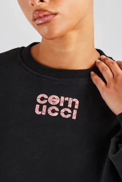 Women CLO-TOP-HS-SWE Glitter Applique Cropped Sweatshirt - Black