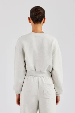 Women CLO-TOP-HS-SWE Glitter Applique Cropped Sweatshirt - Ash Grey