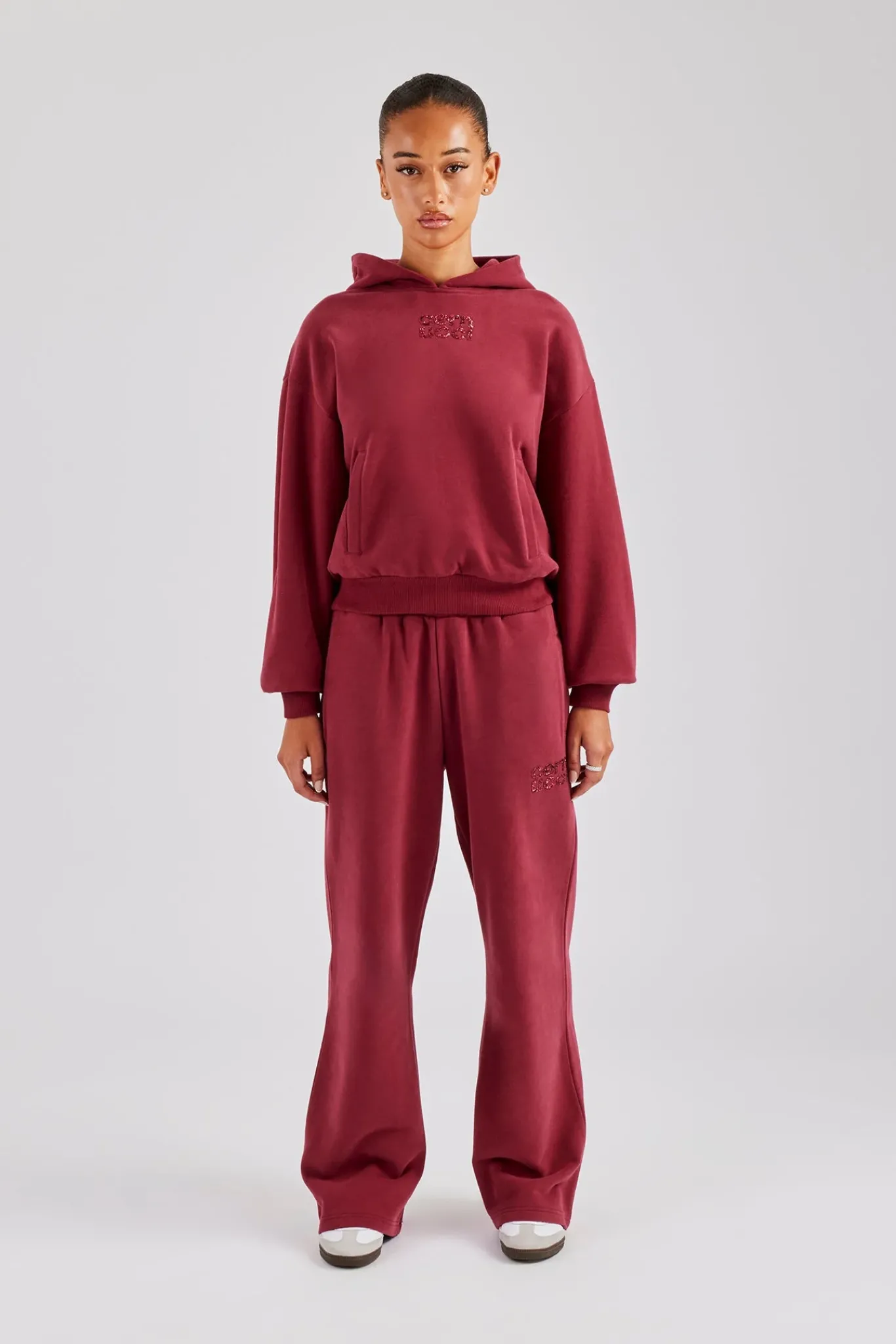 Women CLO-SET Glitter Applique Oversized Hoodie Tracksuit - Cherry Red