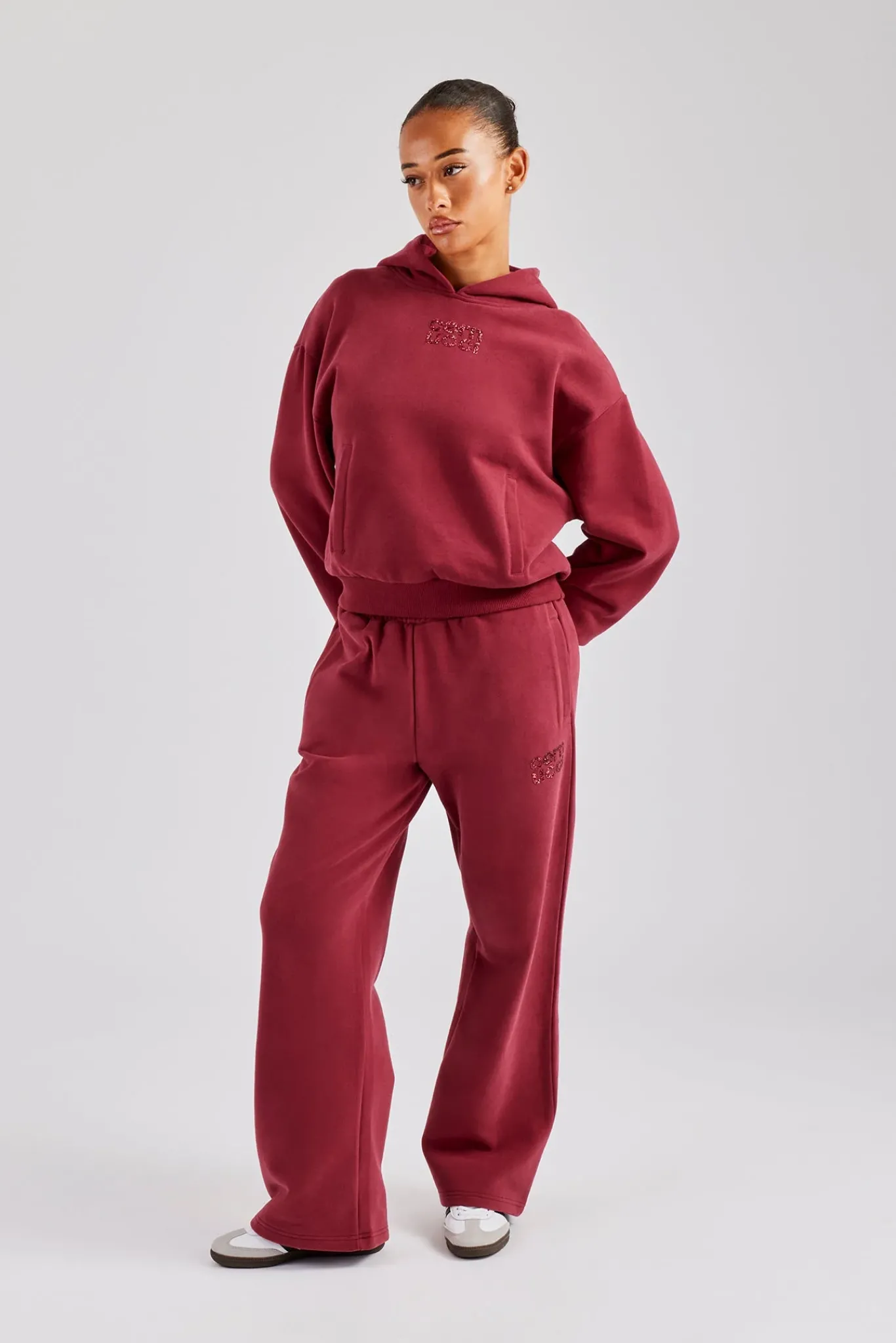 Women CLO-SET Glitter Applique Oversized Hoodie Tracksuit - Cherry Red