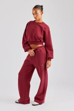 Women CLO-BOT-TRO Glitter Applique Wide Leg Jogger - Cherry Red