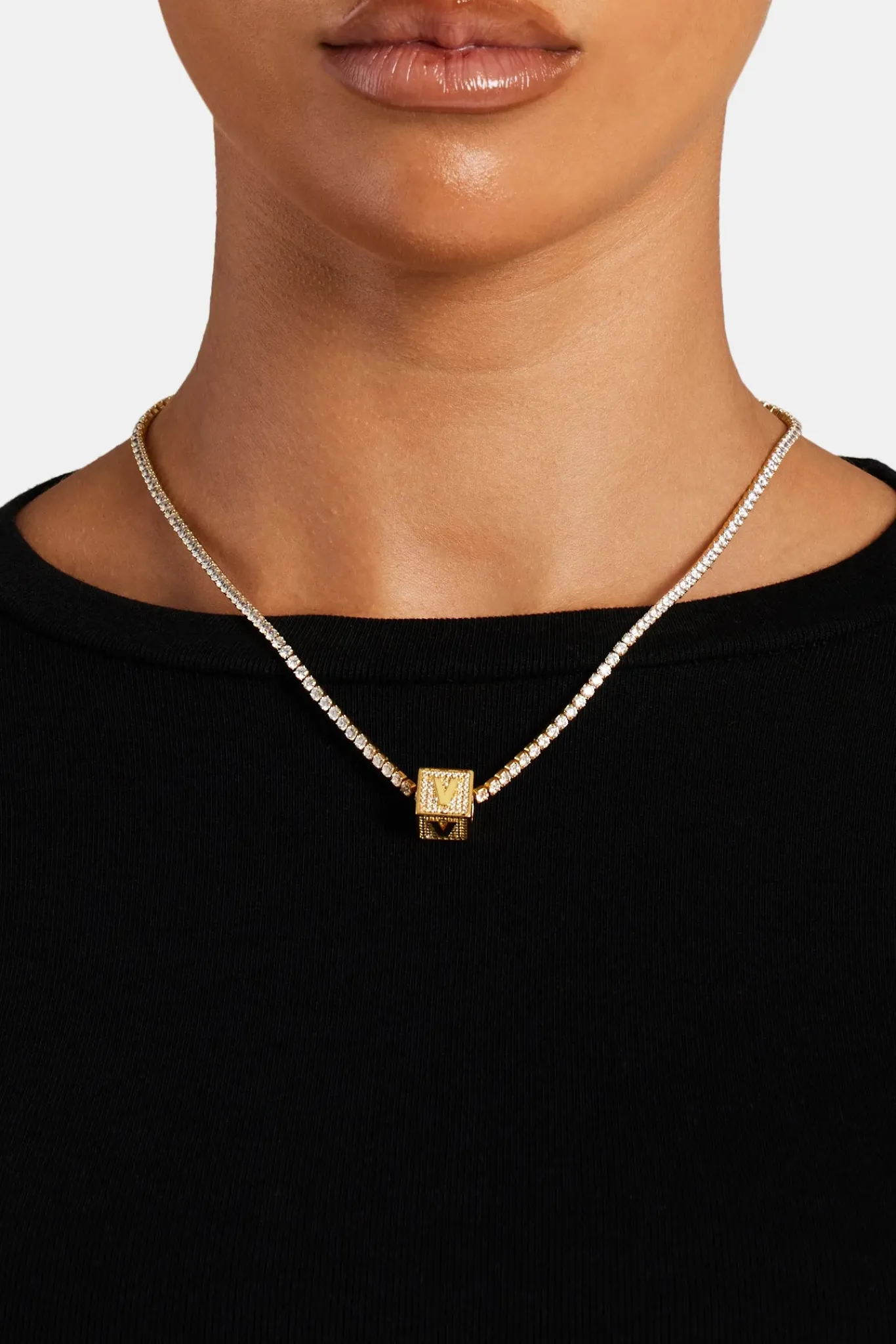Women JWL-PEND Gold Plated Iced V Letter Block Pendant