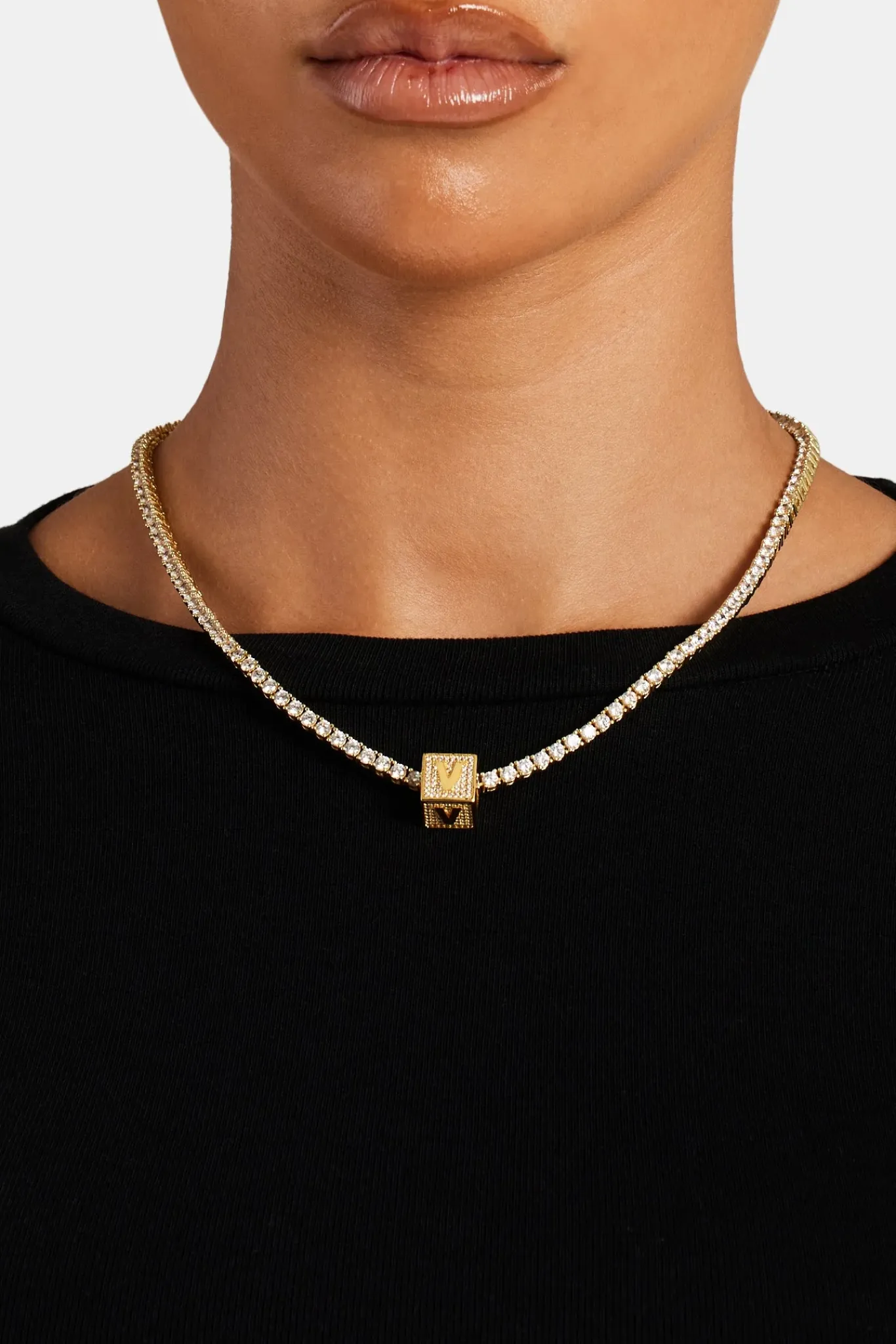 Women JWL-PEND Gold Plated Iced V Letter Block Pendant