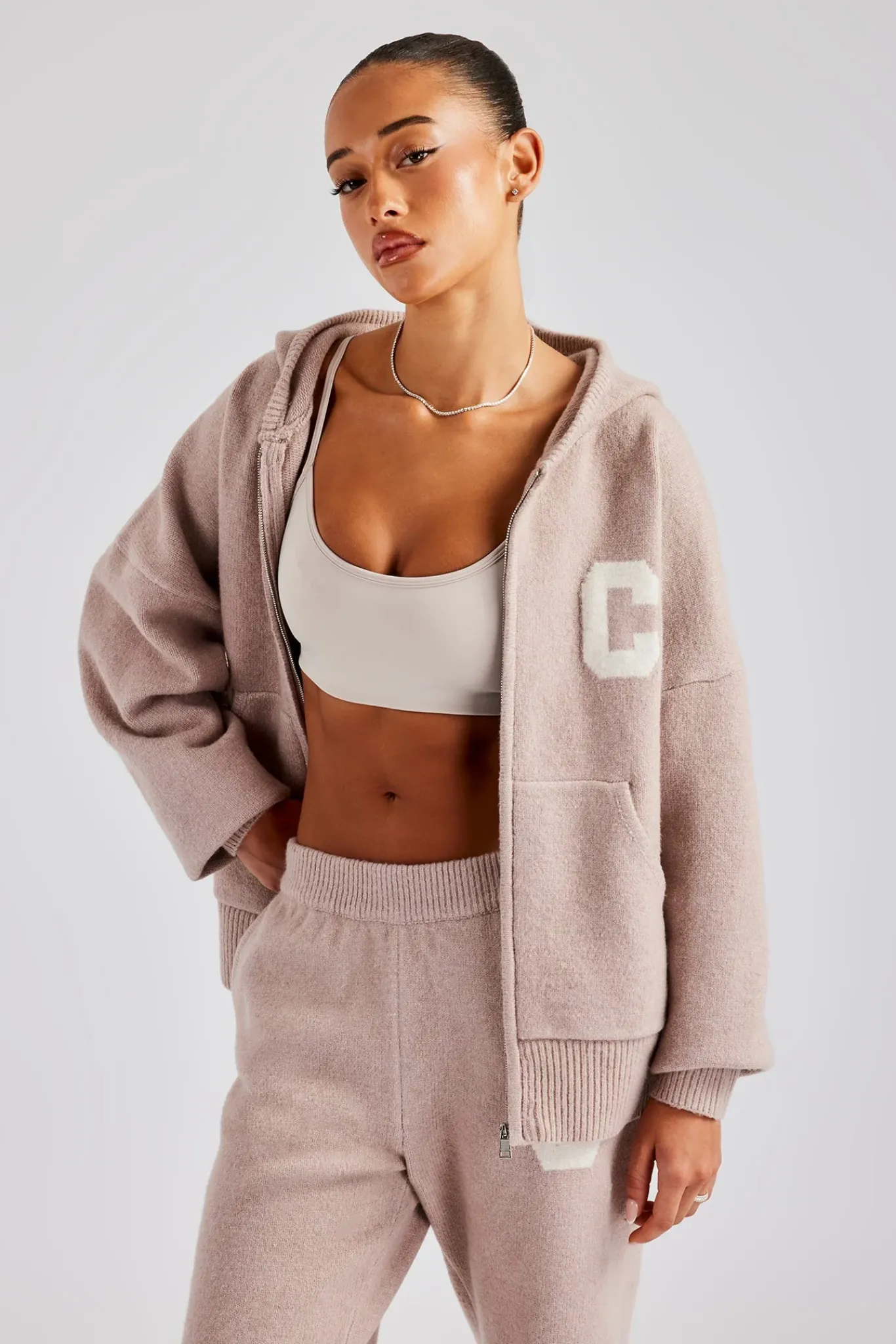 Women CLO-SET-KTW Hooded Zip Through Knitted Tracksuit - Pink