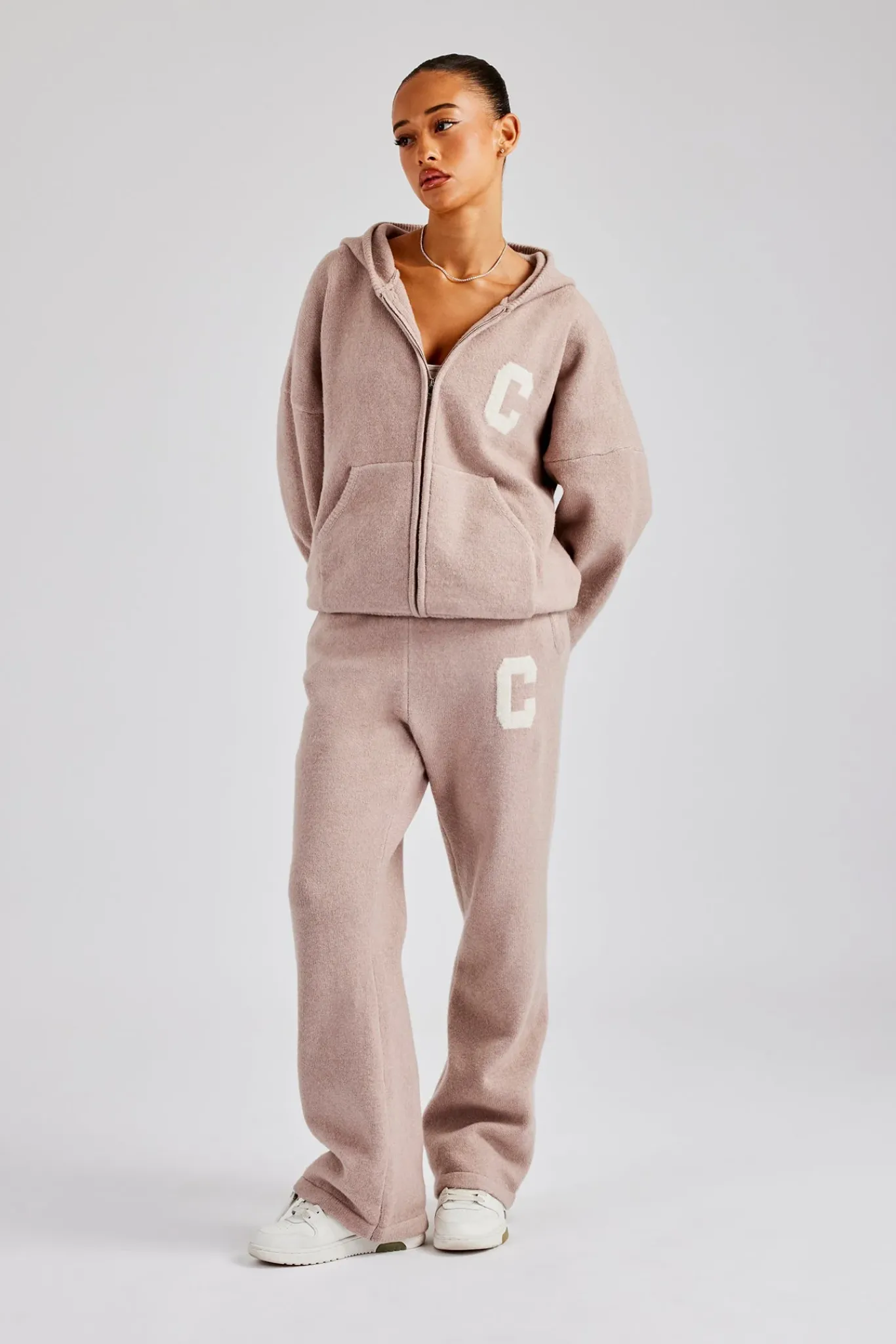 Women CLO-SET-KTW Hooded Zip Through Knitted Tracksuit - Pink