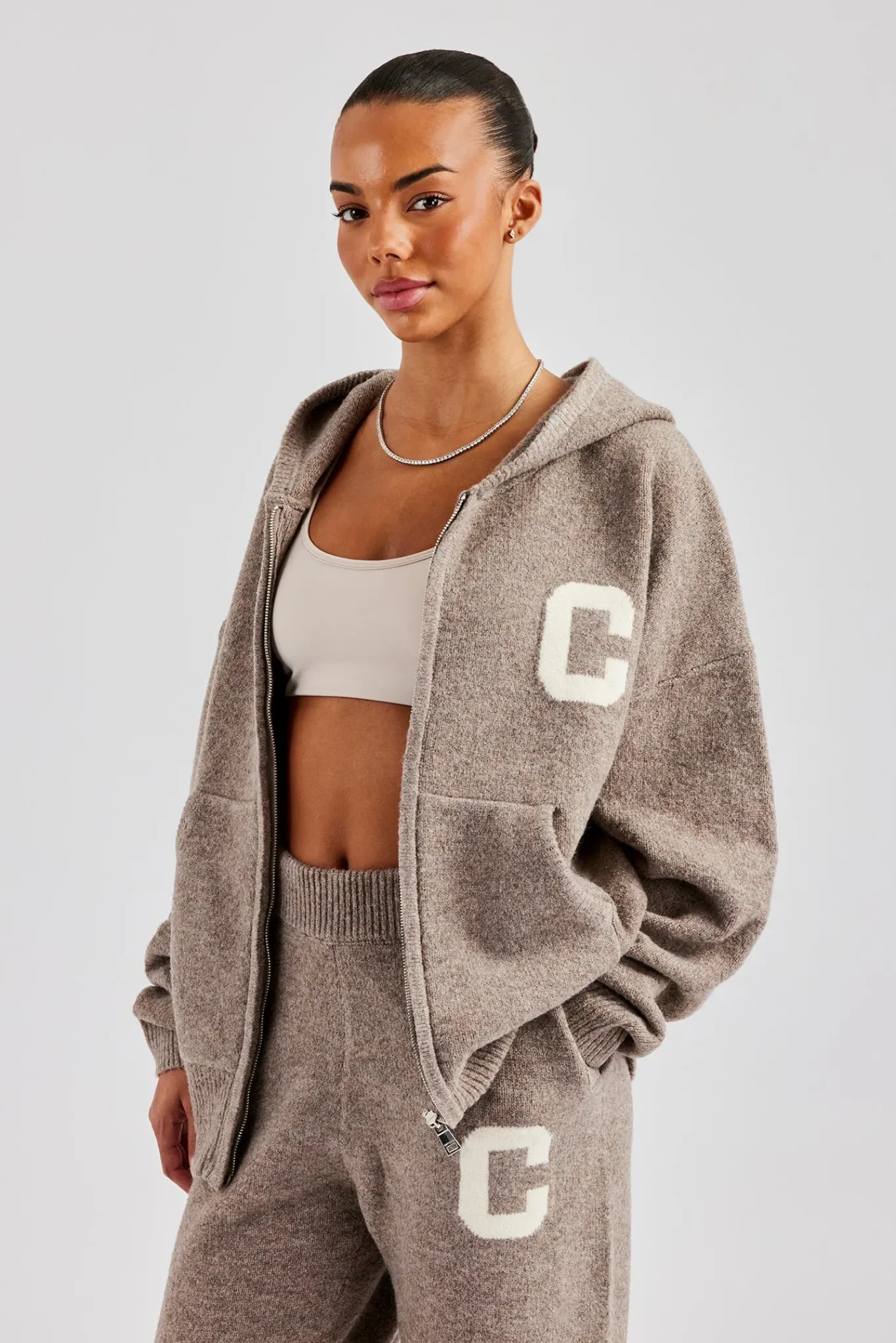 Women CLO-TOP-HS-HOOD-KTW Hooded Zip Through Knitted Jumper - Taupe