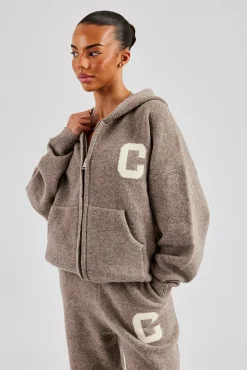 Women CLO-TOP-HS-HOOD-KTW Hooded Zip Through Knitted Jumper - Taupe