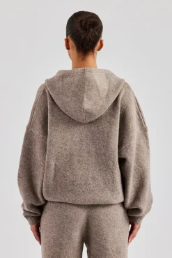 Women CLO-TOP-HS-HOOD-KTW Hooded Zip Through Knitted Jumper - Taupe