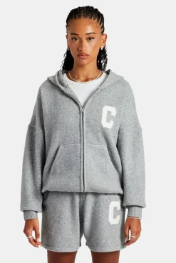 Women CLO-TOP-HS-HOOD-KTW Hooded Zip Through Knitted Jumper - Grey