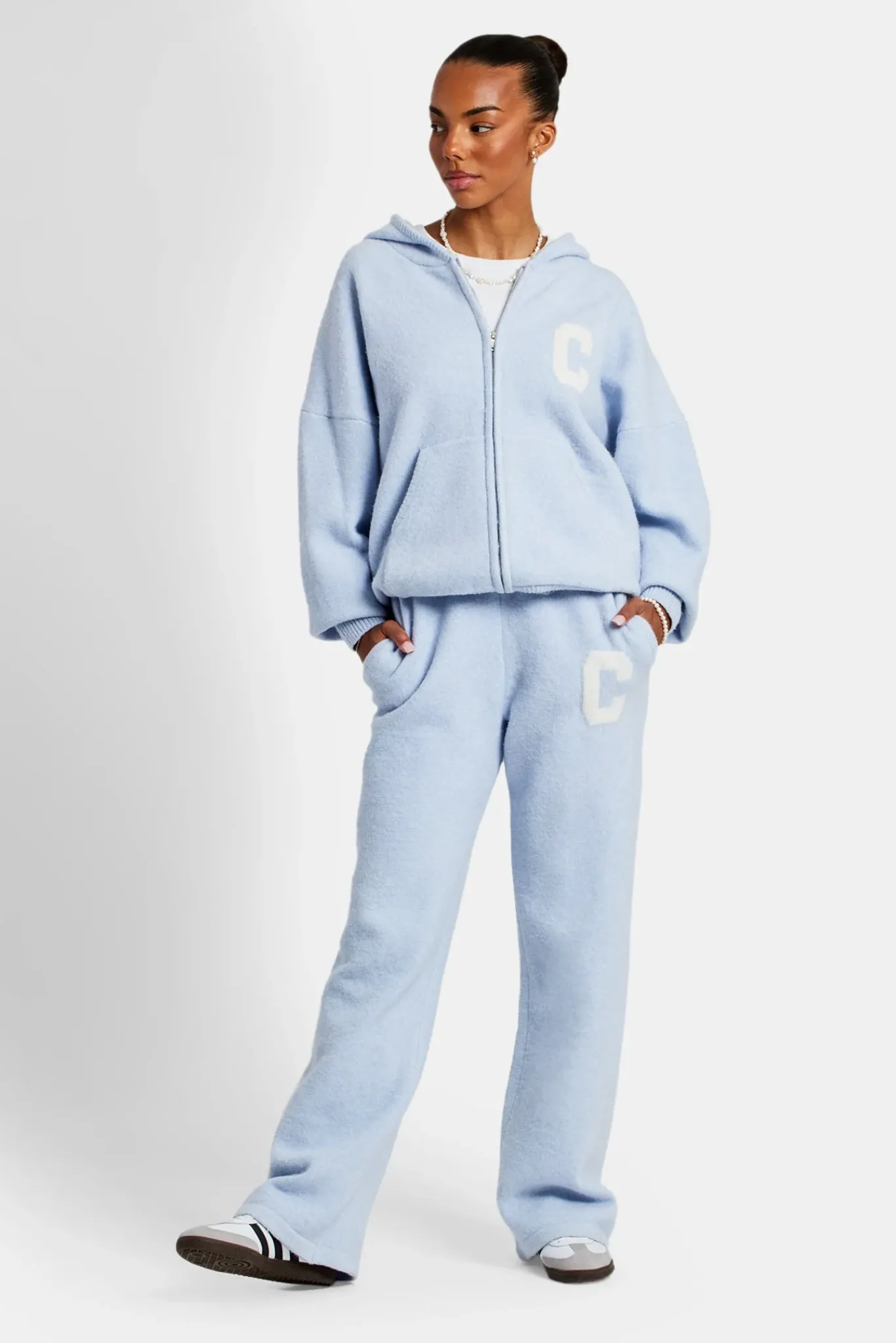 Women CLO-SET-KTW Hooded Zip Through Knitted Tracksuit - Light Blue