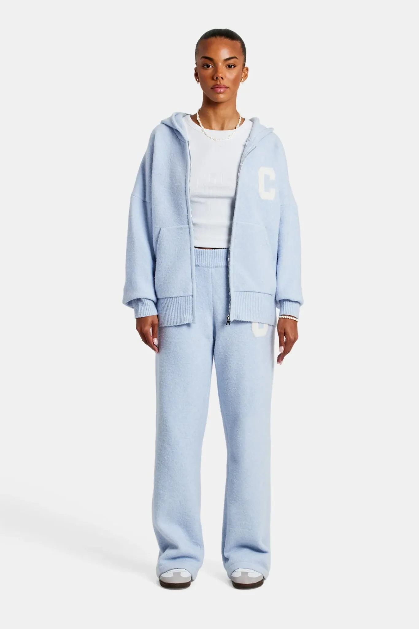 Women CLO-SET-KTW Hooded Zip Through Knitted Tracksuit - Light Blue
