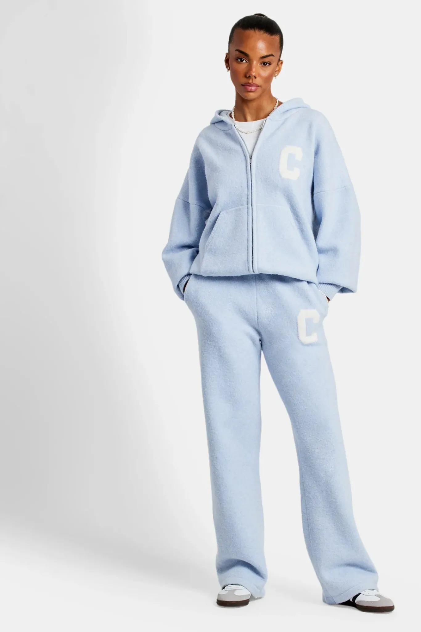 Women CLO-SET-KTW Hooded Zip Through Knitted Tracksuit - Light Blue
