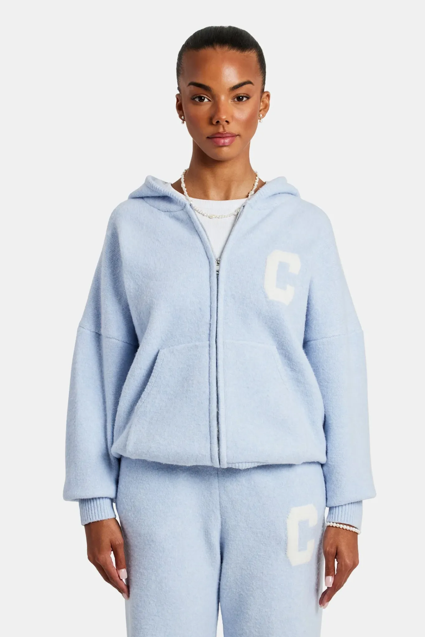 Women CLO-SET-KTW Hooded Zip Through Knitted Tracksuit - Light Blue
