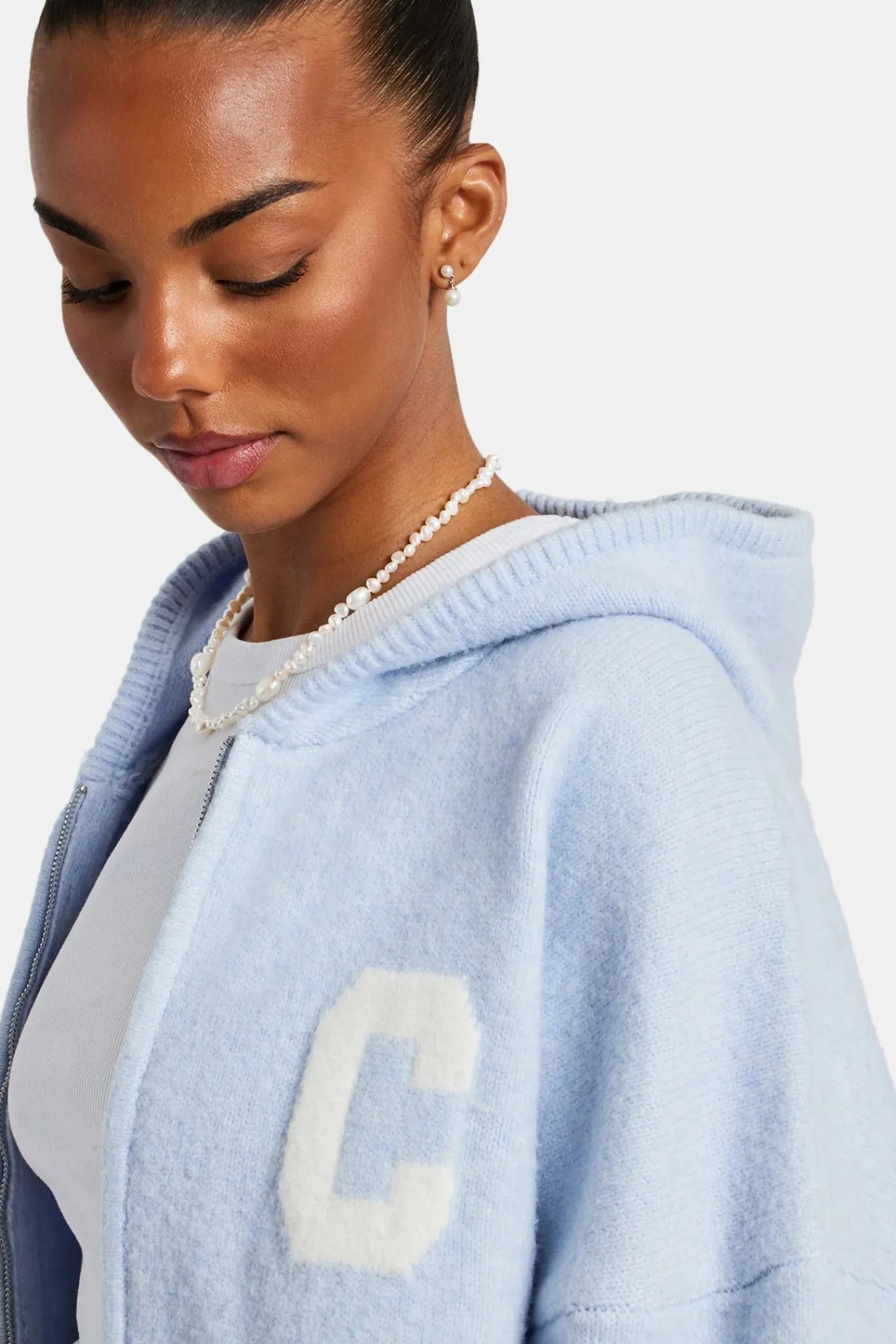 Women CLO-SET-KTW Hooded Zip Through Knitted Tracksuit - Light Blue