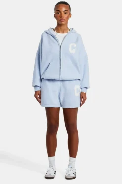 Women CLO-SET-KTW Hooded Zip Through Knitted Short Tracksuit - Light Blue