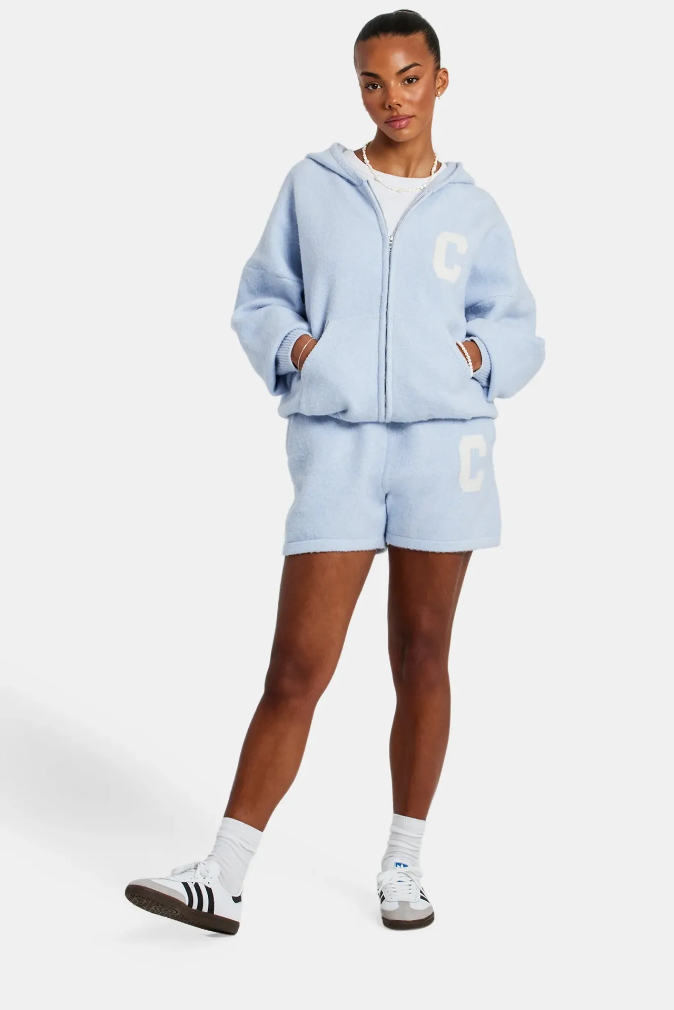 Women CLO-SET-KTW Hooded Zip Through Knitted Short Tracksuit - Light Blue