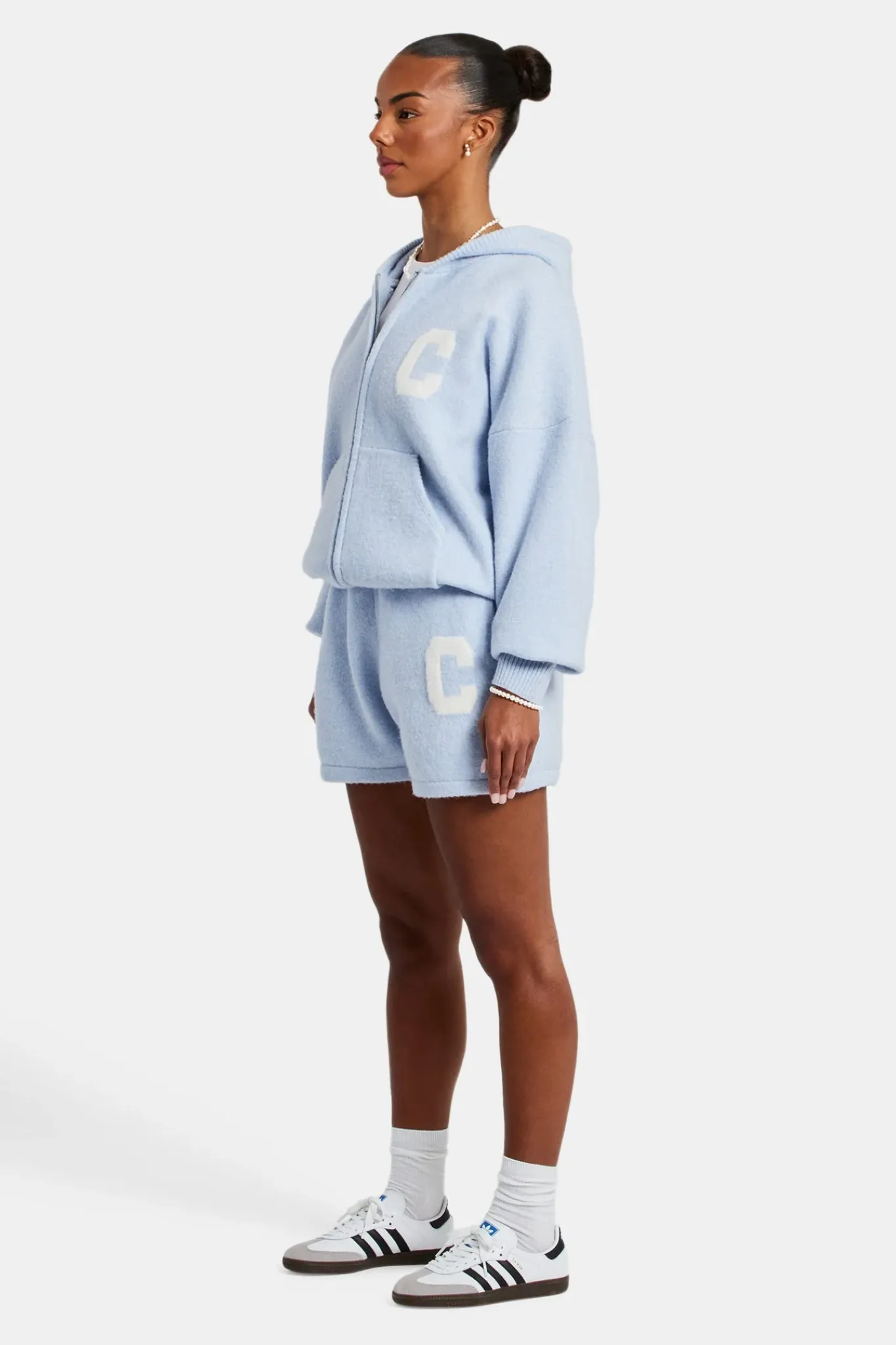Women CLO-SET-KTW Hooded Zip Through Knitted Short Tracksuit - Light Blue