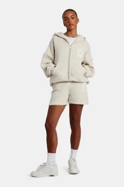 Women CLO-SET-KTW Hooded Zip Through Knitted Short Tracksuit - Oatmeal