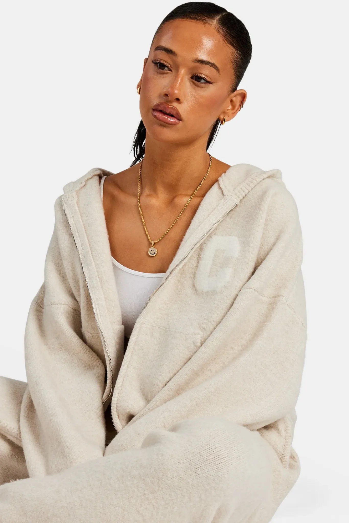 Women CLO-SET-KTW Hooded Zip Through Knitted Tracksuit - Oatmeal