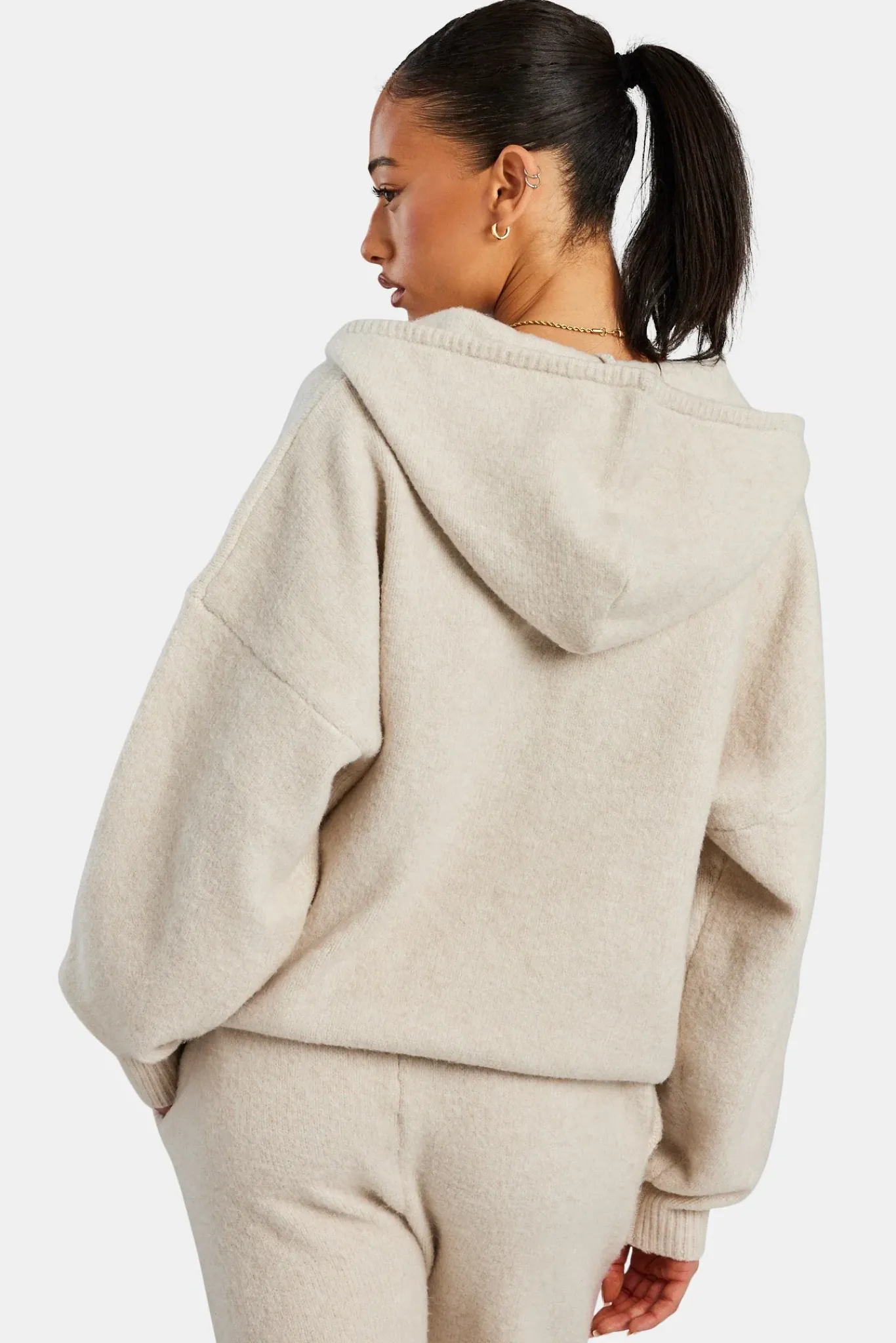 Women CLO-SET-KTW Hooded Zip Through Knitted Tracksuit - Oatmeal