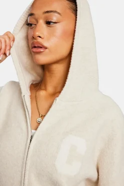 Women CLO-SET-KTW Hooded Zip Through Knitted Tracksuit - Oatmeal