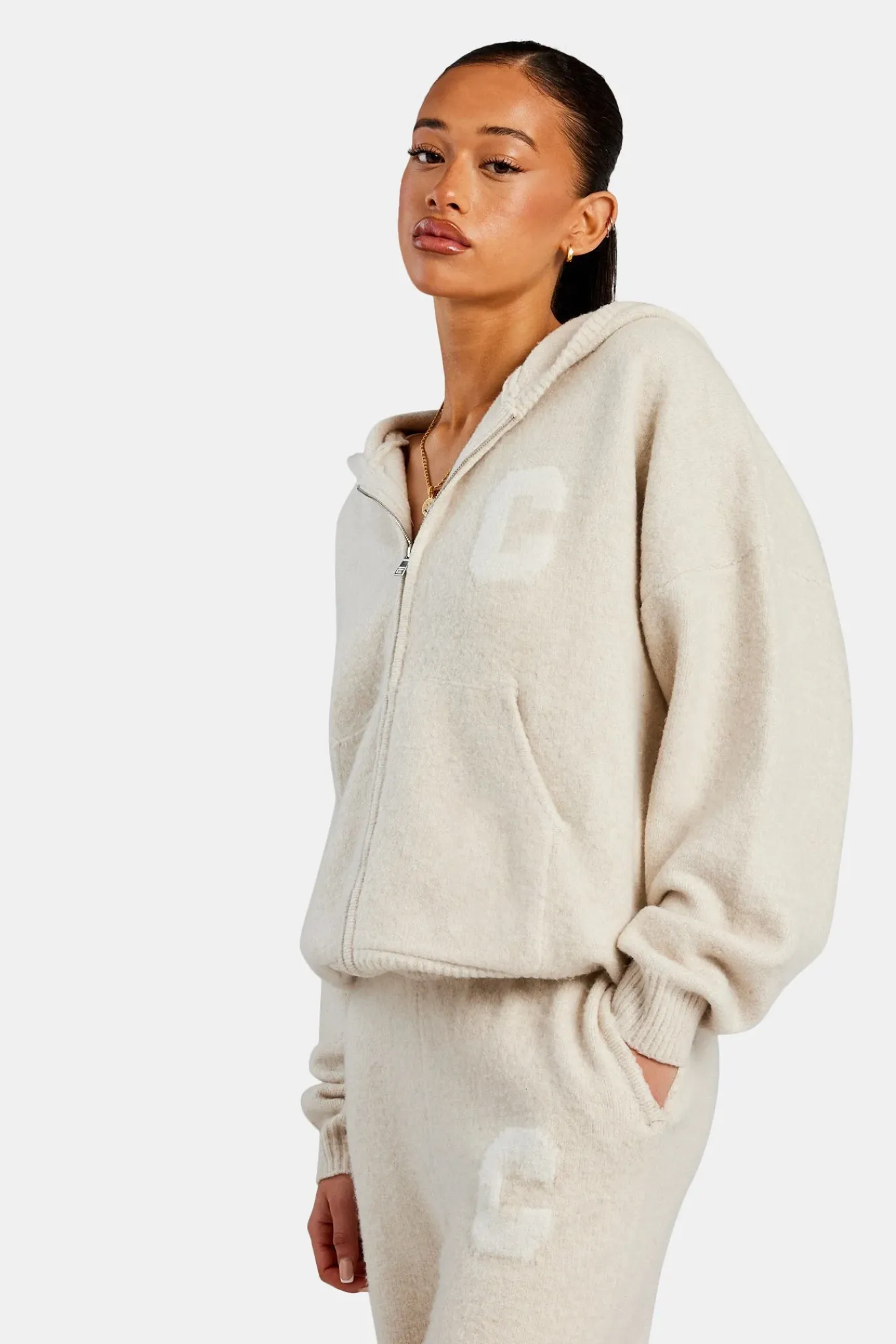 Women CLO-SET-KTW Hooded Zip Through Knitted Tracksuit - Oatmeal