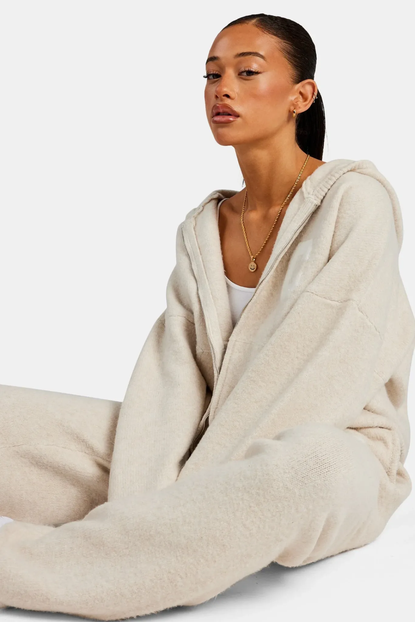Women CLO-SET-KTW Hooded Zip Through Knitted Tracksuit - Oatmeal