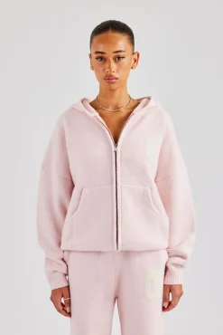 Women CLO-TOP-HS-HOOD-KTW Hooded Zip Through Knitted Jumper - Baby Pink