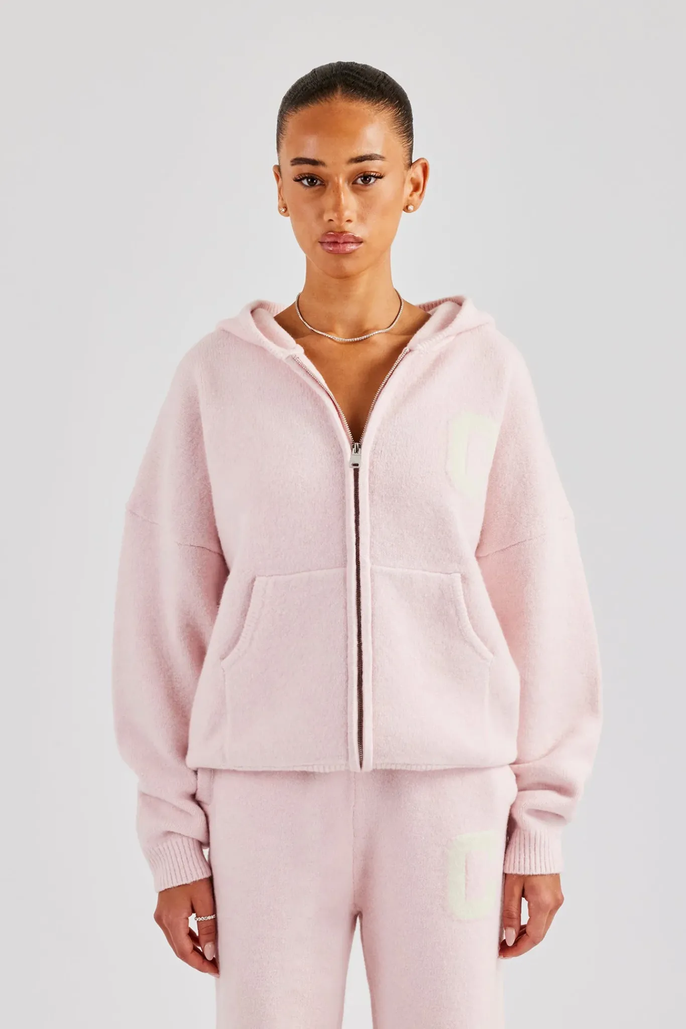 Women CLO-TOP-HS-HOOD-KTW Hooded Zip Through Knitted Jumper - Baby Pink