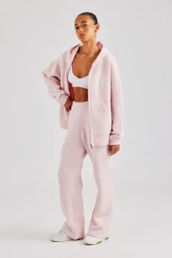 Women CLO-SET-KTW Hooded Zip Through Knitted Tracksuit - Baby Pink
