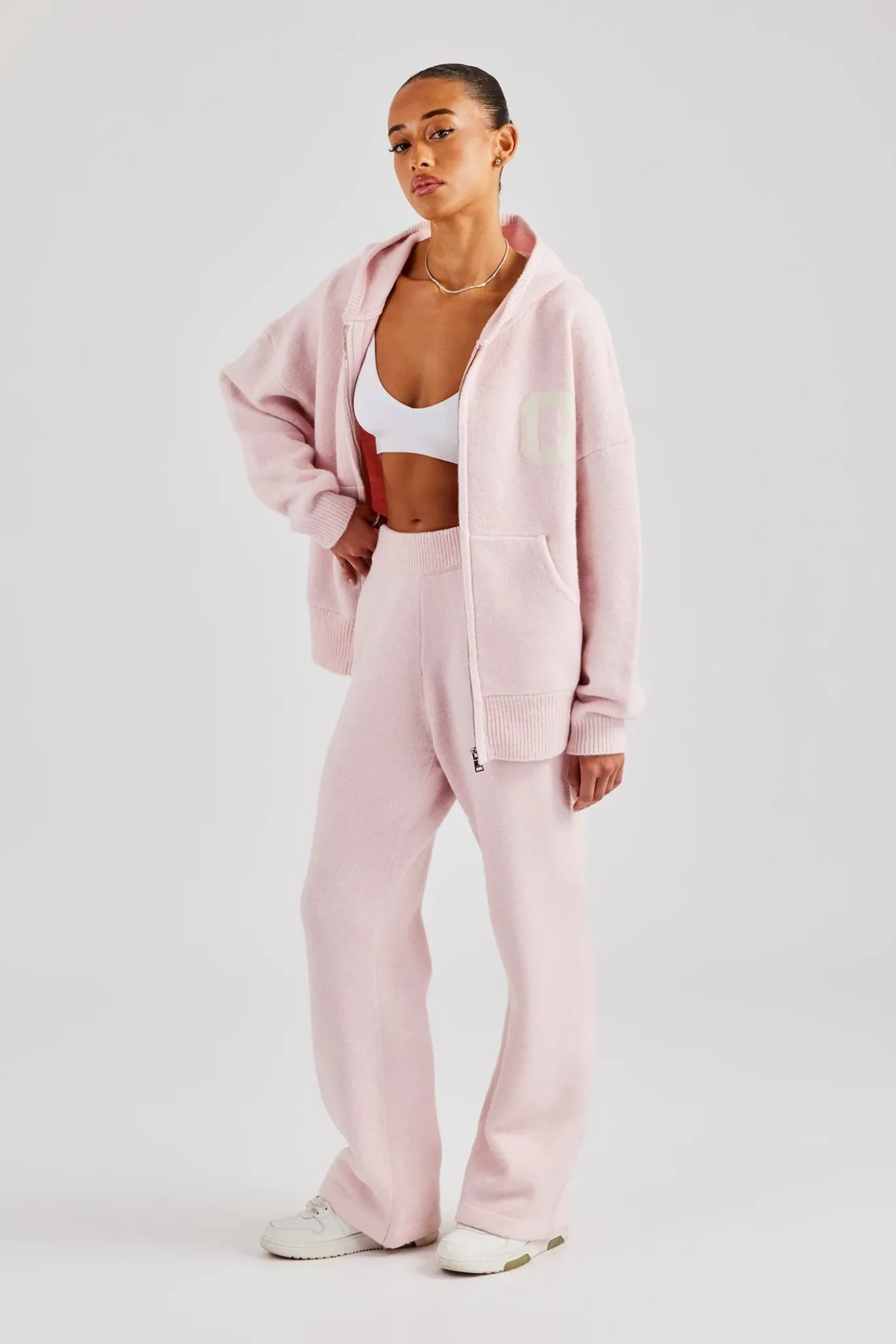 Women CLO-SET-KTW Hooded Zip Through Knitted Tracksuit - Baby Pink