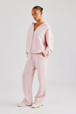 Women CLO-SET-KTW Hooded Zip Through Knitted Tracksuit - Baby Pink