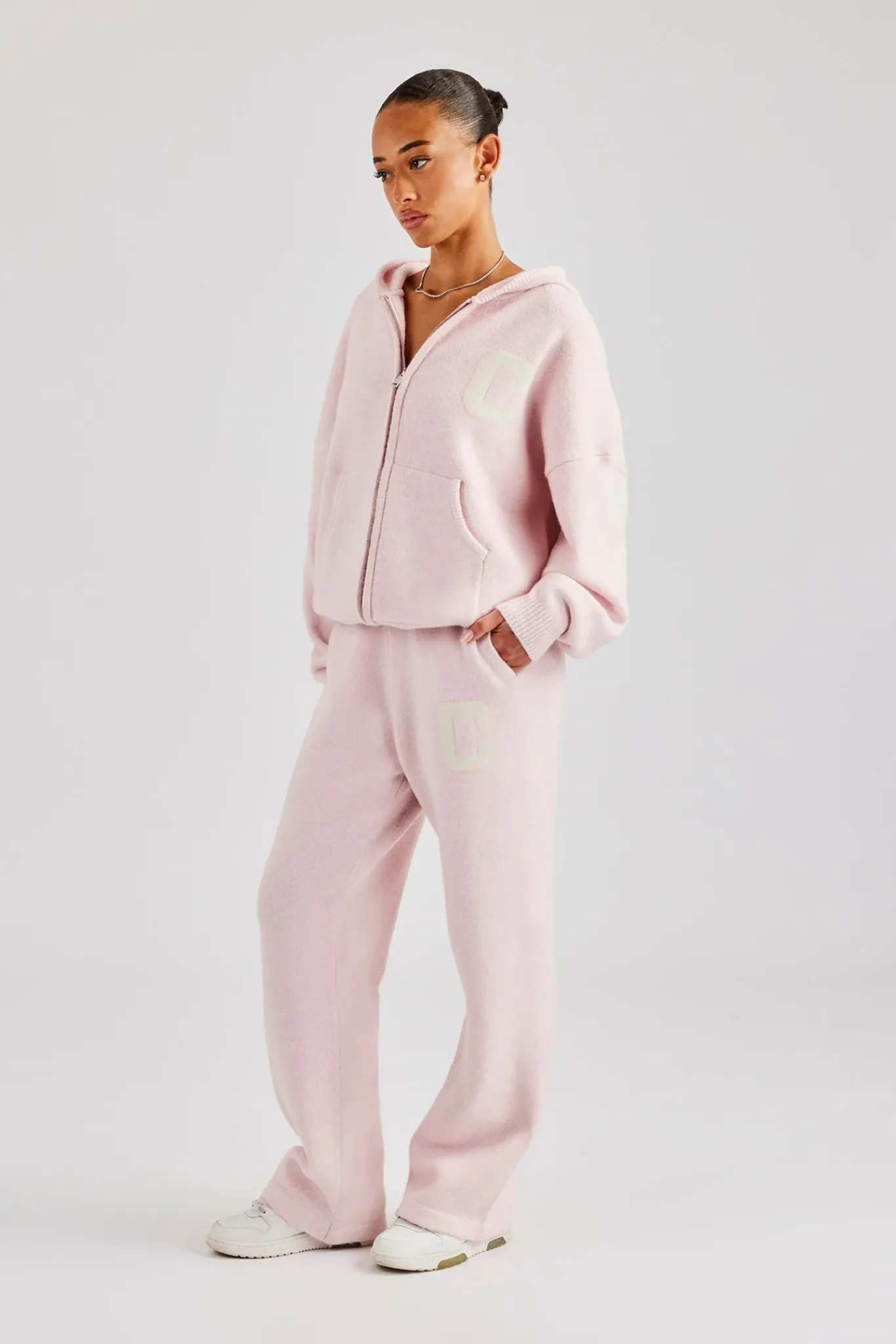Women CLO-SET-KTW Hooded Zip Through Knitted Tracksuit - Baby Pink