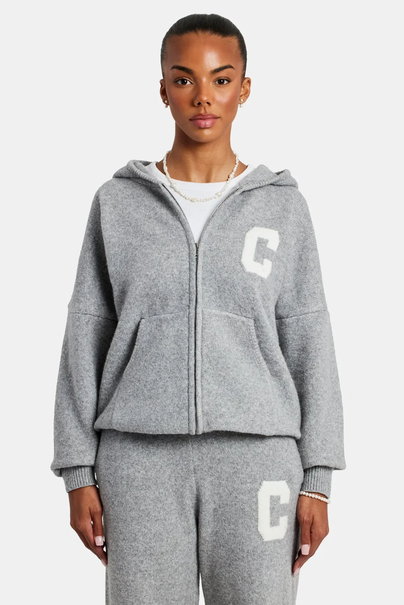 Women CLO-SET-KTW Hooded Zip Through Knitted Tracksuit - Grey