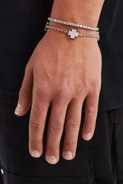 JWL-BUND Iced Cross Motif Bracelet & 3mm Tennis Bracelet - White