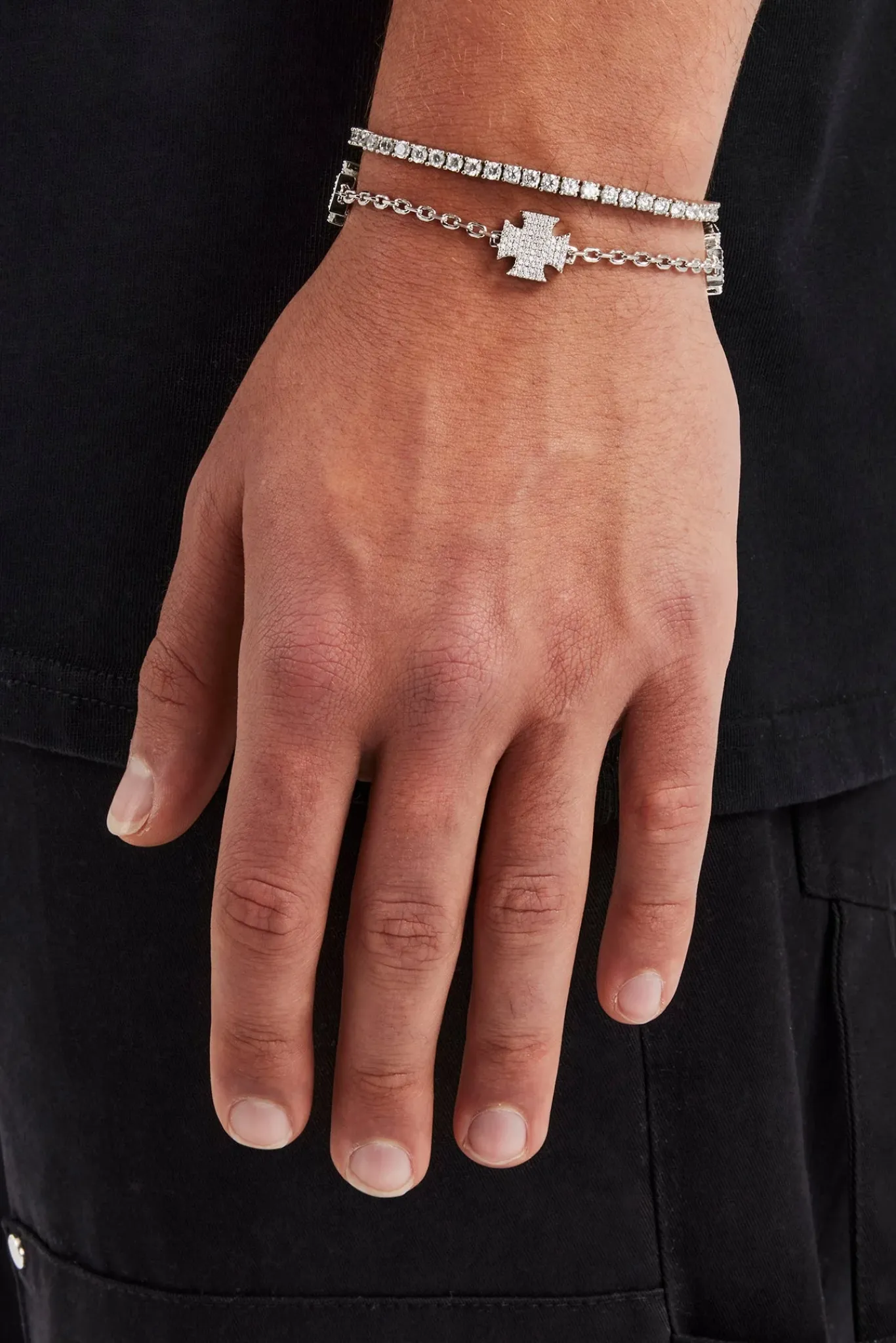 JWL-BUND Iced Cross Motif Bracelet & 3mm Tennis Bracelet - White